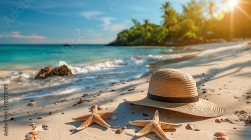 A colorful hat sits abandoned next to a starfish on a sandy beach. The scene captures a moment of playful whimsy amidst the tranquil setting of a summer vacation