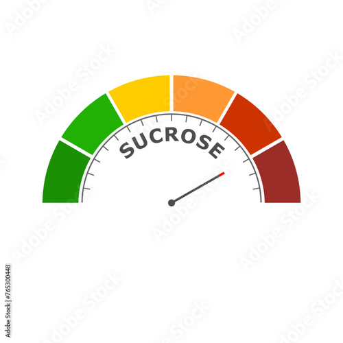 Sucrose level on measure scale. Instrument scale with arrow. Colorful infographic gauge element. Flat diabetes healthcare illustration.