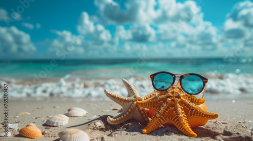 A vibrant starfish is lounging on the sandy beach, sporting trendy sunglasses and enjoying the warm summer sun © Fokke Baarssen