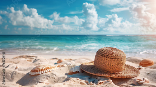 A straw hat lies next to a seashell on a sandy beach, basking in the warm sun and gentle ocean breeze