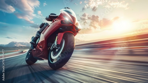Superbike motorcycle on the race track, dynamic concept art illustration, high speed, photo