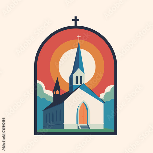 Church building. Community worship unity symbol. Sun and clouds