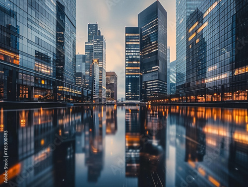 Long exposure of a city at dusk, showcasing reflective building surfaces