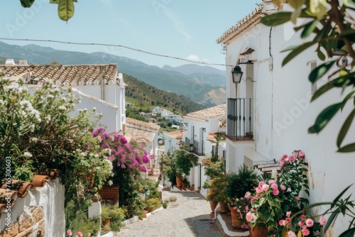 Blooming Greek street with mountain views
