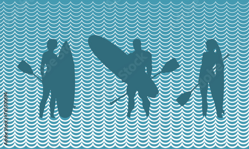 Illustration of man and women posing with surfboard. Cartoon style water surface. Stand up paddle boarding