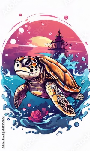 Serene turtle gracefully gliding through shimmering ocean waters  illuminated by warm hues of breathtaking sunset. For fashion  clothing design  animal themed clothing advertising  Tshirt  postcard.