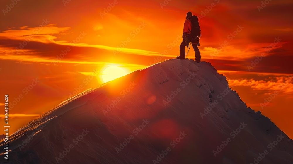 A climber silhouetted against a fiery orange sunset at the top of a snow-covered peak