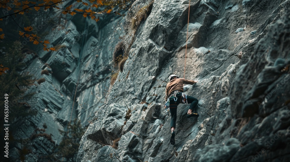 A climber scaling a steep rock face, their body pressed against the cold stone