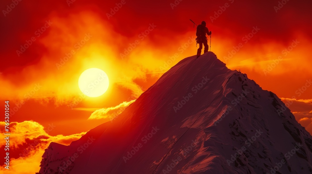 A climber silhouetted against a fiery orange sunset at the top of a snow-covered peak 