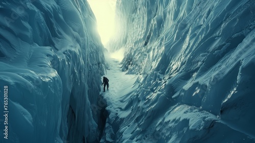 A climber navigating a treacherous crevasse on a glacier, sunlight reflecting off the icy surface