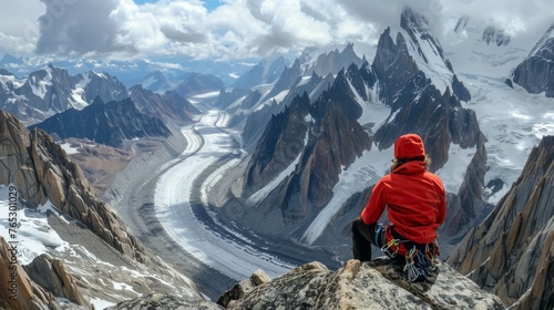A climber looking out from a high camp, mesmerized by the vastness of the surrounding peaks and valleys photo