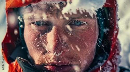 A close-up of a climber's face, showcasing a mixture of exhaustion and exhilaration after reaching the summit