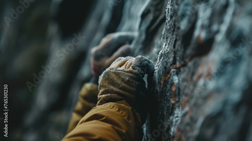 A climber's gloved hand gripping a rock face, showcasing the intense focus and exertion