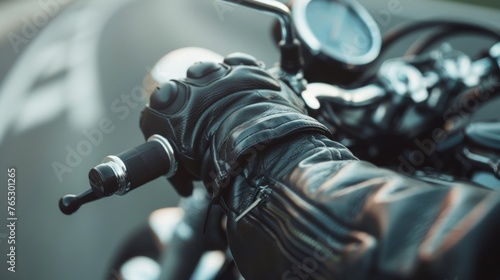 A close-up shot of a rider's gloved hand gripping the handlebars photo