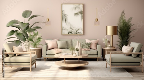 Modern luxurious living room interior composition with elegant palette and background 