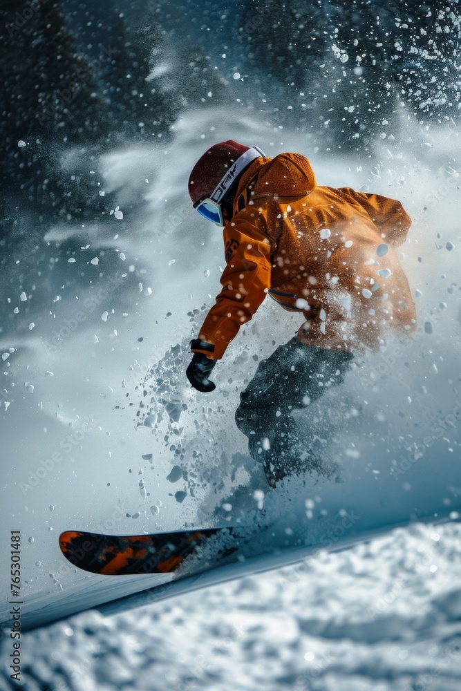 A full-length photo of a snowboarder carving a turn on a slope, a spray of snow blurring their path. 