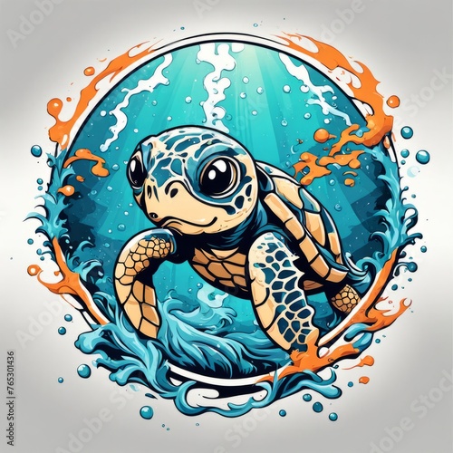 Serene turtle gracefully gliding through shimmering ocean waters, illuminated by warm hues of breathtaking sunset. For fashion, clothing design, animal themed clothing advertising, Tshirt, postcard. photo