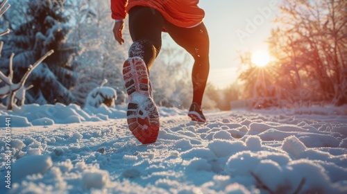 A  runner warming up with dynamic stretches before their winter jog  photo