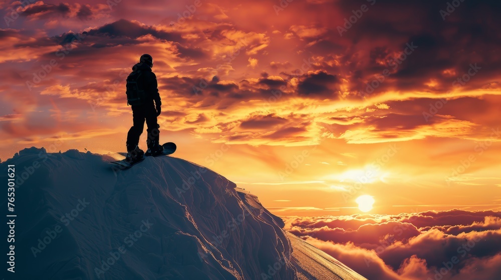 A snowboarder standing on a snowy peak, their silhouette contrasting against a dramatic winter sunset 