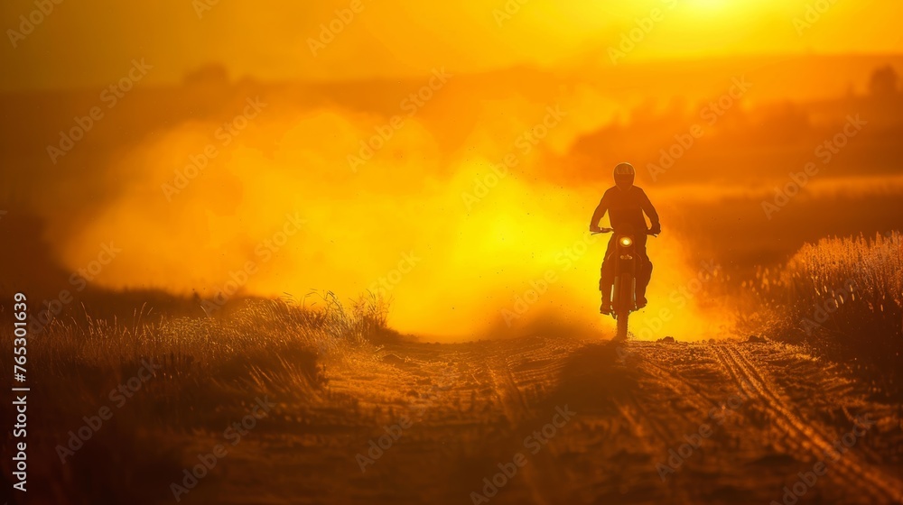 A solitary rider silhouetted against a golden sunset, kicking up dust on a deserted trail. A solitary rider silhouetted against a golden sunset, kicking up dust on a deserted trail.