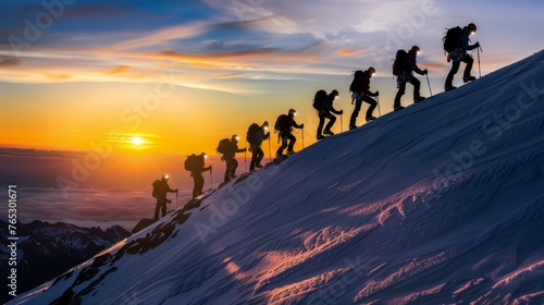 A team of climbers silhouetted against a sunrise, their headlamps illuminating their path as they ascend a snowy peak © kamonrat
