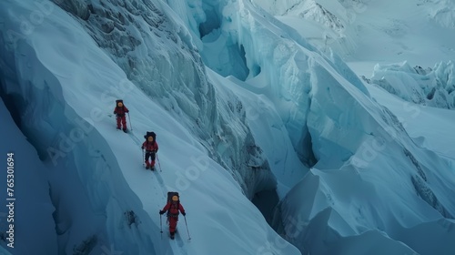 A team traversing a treacherous glacier with crevasses, their ice axes poised for safety checks photo