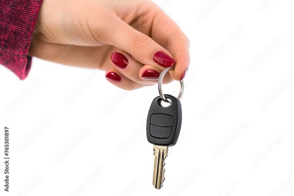 A woman's hand with red nail polish holding a car key, isolated on a white background. A woman's hand with red nail polish holding a car key, isolated on a white background.