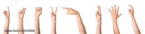 Set of hands using sign language on white background photo