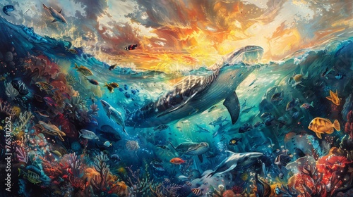 Dynamic acrylic artwork inspired by world-famous paintings exploring the theme of global extinction. Invites viewers to reflect on their role in protecting biodiversity.