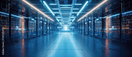 The hallway in the data center is filled with rows of servers and bright electric blue lighting. The flooring is tiled, and the glass windows create symmetry in the parallel fixtures photo