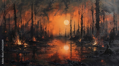 Dynamic acrylic painting concept evoking the somber narrative of human extinction inspired by iconic works of art.