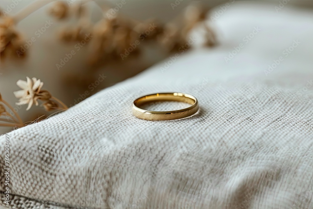 A simple elegant gold band on a stark white cushion A simple elegant gold band on a stark white cushion