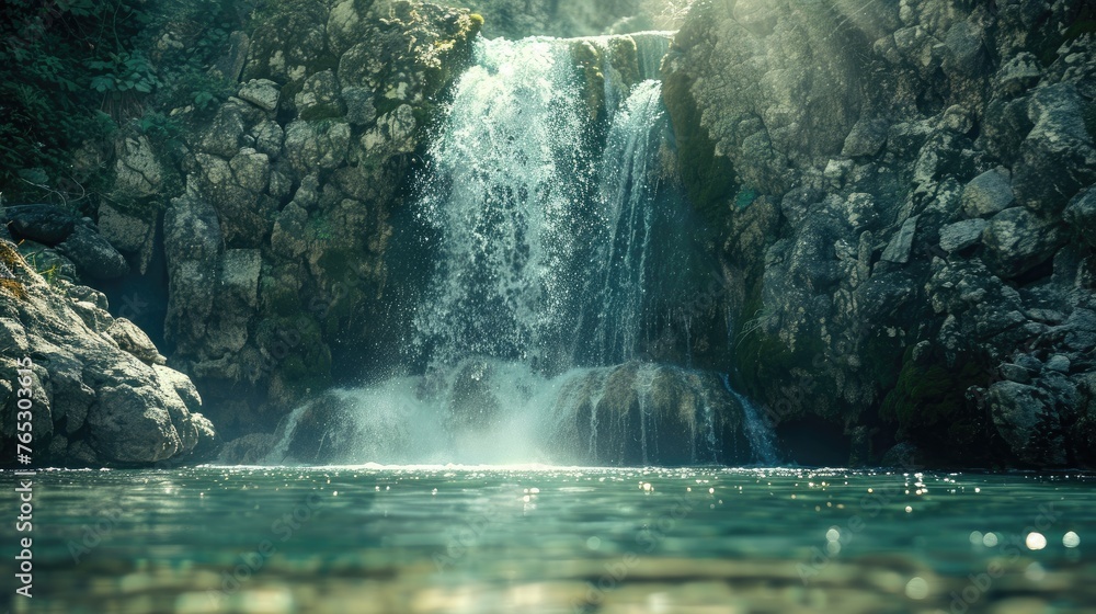 A majestic waterfall cascading into a clear pool symbolizing power - obrazy, fototapety, plakaty 