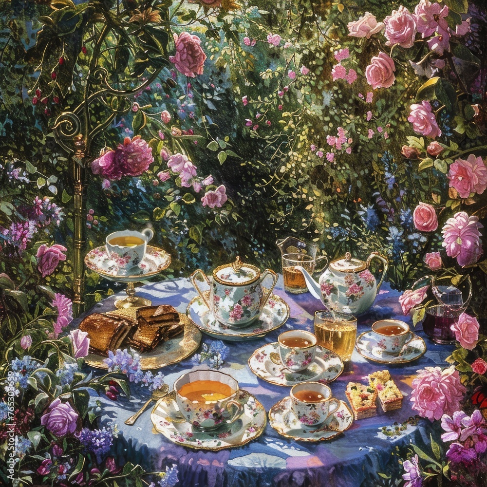 A picturesque tea party in a blooming garden where each cup and saucer tells a story of joy