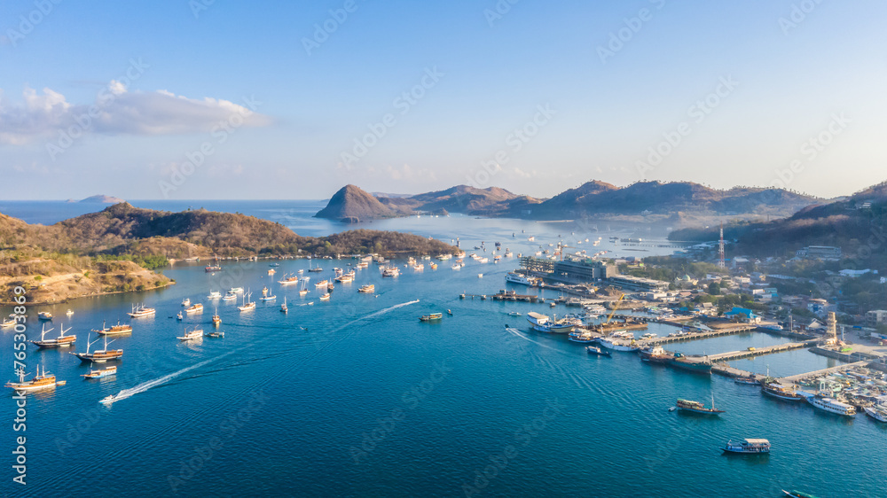 Fototapeta premium Labuan Bajo Harbour. Where the Komodo Dragon trip begin. Labuan Bajo is a fishing town located at the western end of the large island of Flores in the Nusa Tenggara region of east Indonesia.