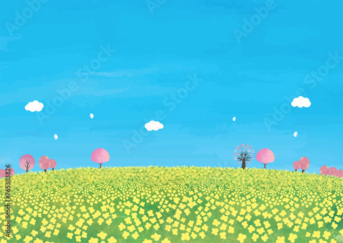 草原と桜の木と菜の花の風景水彩画