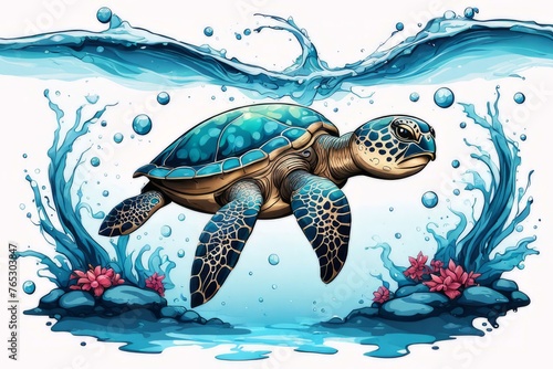 Majestic sea turtle gracefully swimming in ocean depths  surrounded by tranquil beauty of delicate lotus flower. For Tshirt design  posters  postcards  merchandise with marine theme  childrens books.