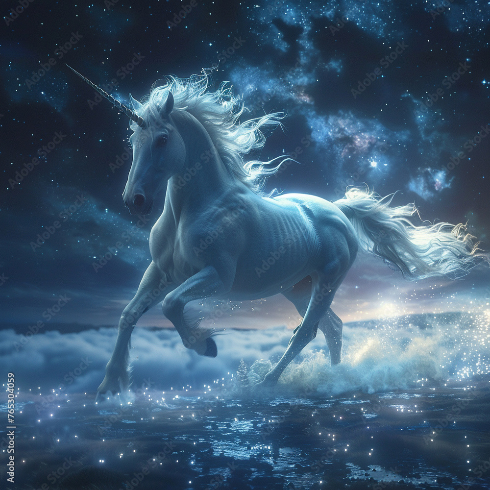 Majestic Unicorn Galloping Through Night Sky