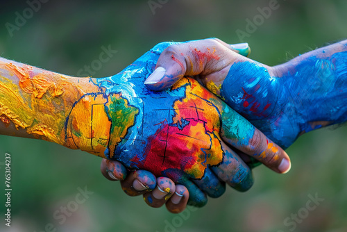 Close-up of interlocked hands painted with a globe symbolizing unity and diversity in volunteering for Volunteers Week - worldwide solidarity photo