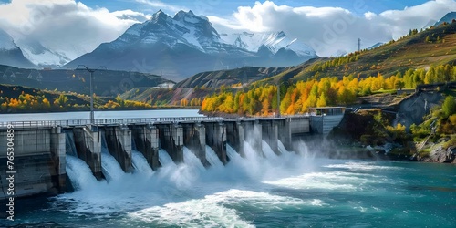 Hydroelectric dam releasing water into river with mountains in background promoting clean energy and sustainability. Concept Clean Energy, Sustainability, Hydroelectric Power, Mountainous Landscape