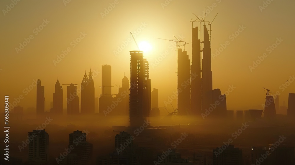 A tower top floors still under construction, its silhouette dominating the city skyline