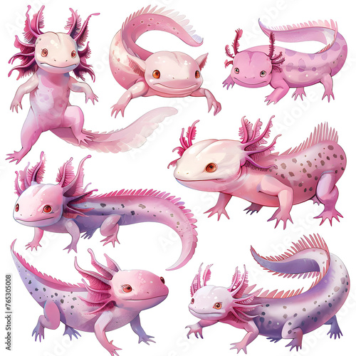 Clipart illustration featuring a various of axolotl on white background. Suitable for crafting and digital design projects. A-0003 