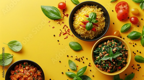 food Minced pork and basil fried rice, A yellow background with a variety of food in bowls, including a bowl of rice a bowl photo