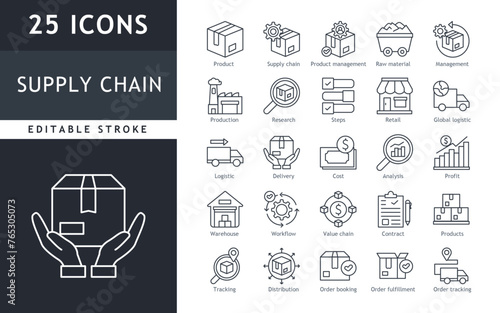 Set of 25 line icons related to supply chain, production, logistic, delivery, distribution, value. Outline icon collection. Vector illustration. Editable stroke