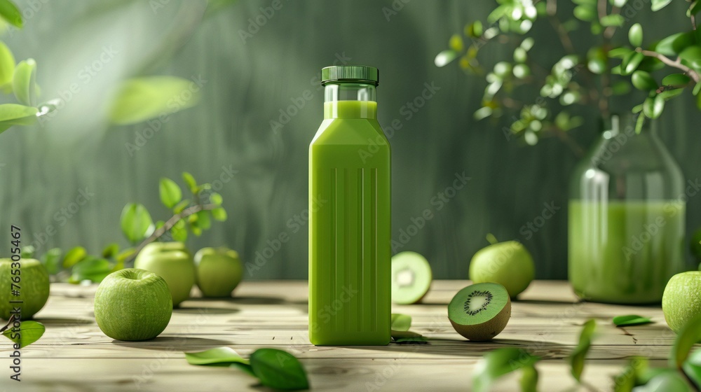 A bottle of green juice sits on a table with a bunch of apples and a kiwi A bottle of green juice sits on a table with a bunch of apples and a kiwi