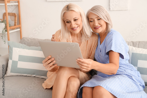 Mature female friends using laptop on sofa at home © Pixel-Shot