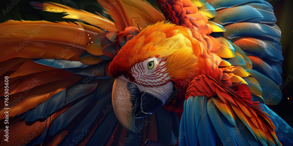 Obraz premium beautiful parrot with golden, blue and red feathers, generative AI