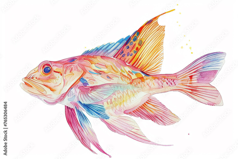 Fototapeta premium A Cutlassfish cute hand draw watercolor white background. Cute animal vocabulary for kindergarten children concept.