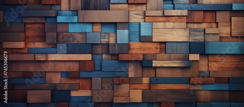 A wall constructed with blocks of wood in different colors
