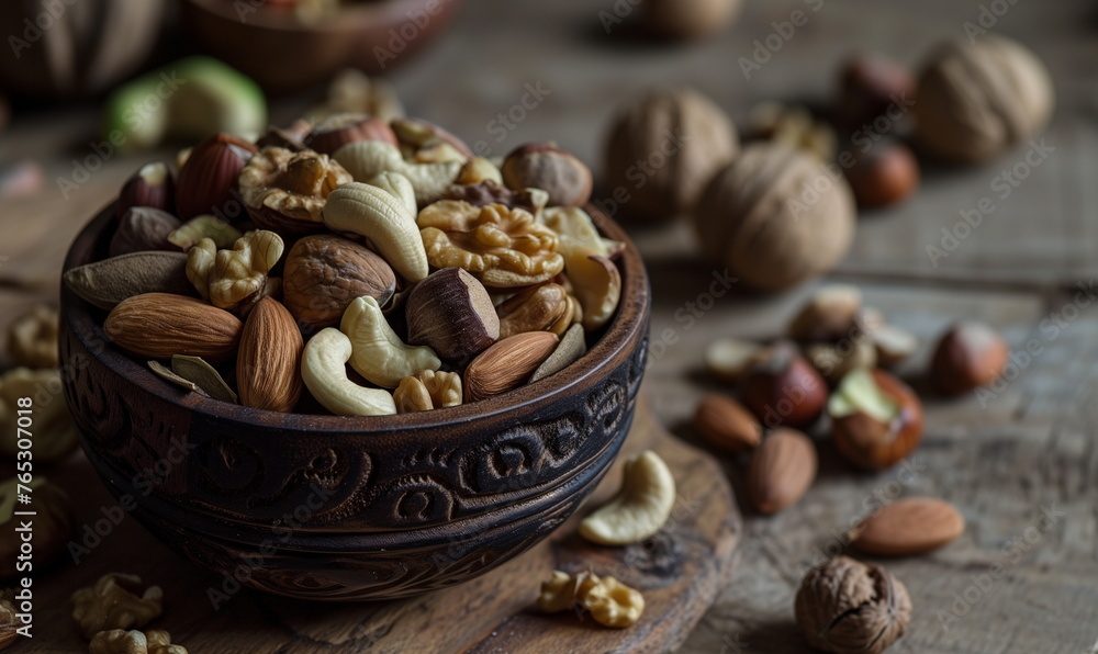 Variety of mixed nuts in a carved wooden bowl on rustic table. Healthy snacks and food ingredients concept. Variety of mixed nuts in a carved wooden bowl on rustic table. Healthy snacks and food ingredients concept.